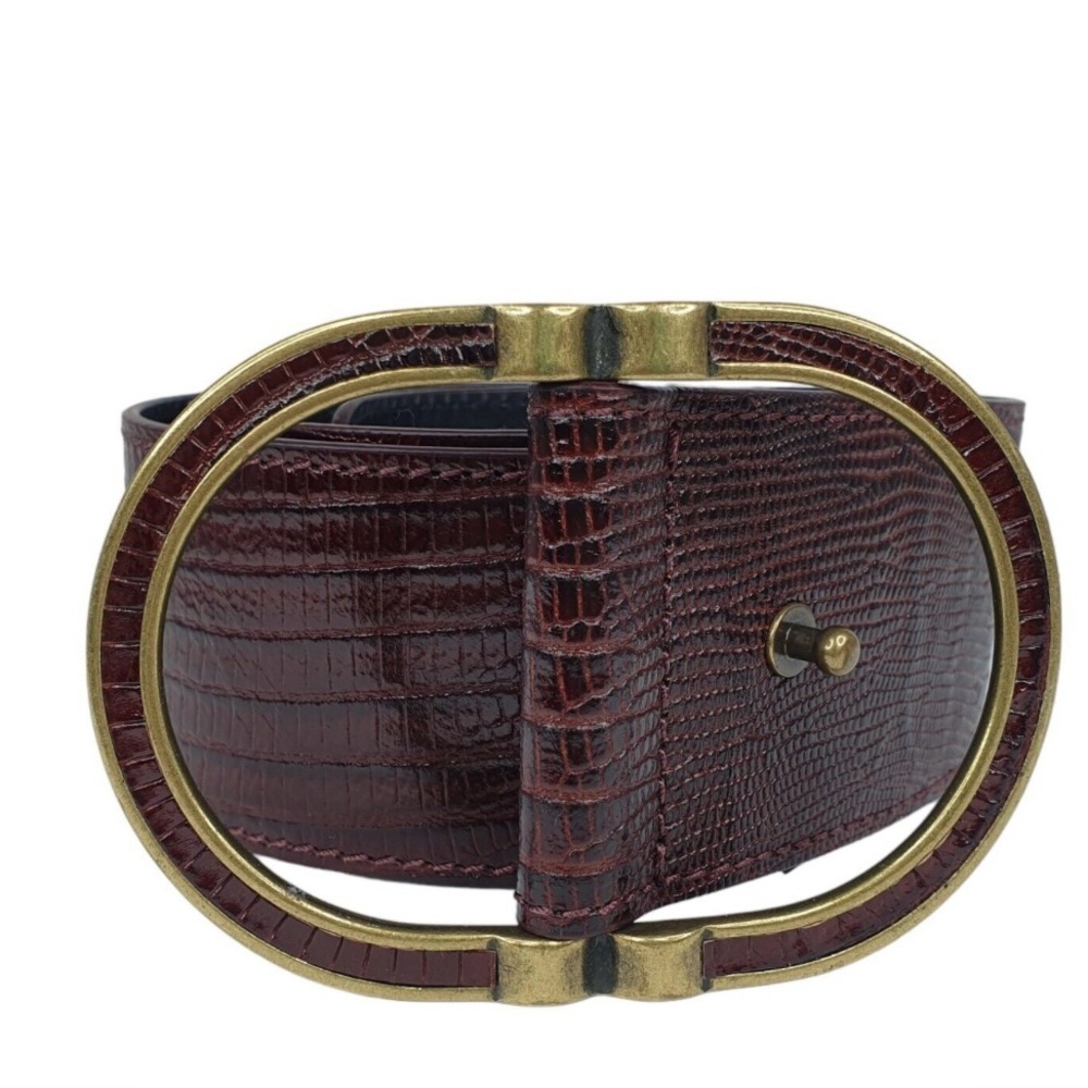 Sezane Croc-Embossed Dark Brown Leather Belt with Antiqued Gold Oval Buckle